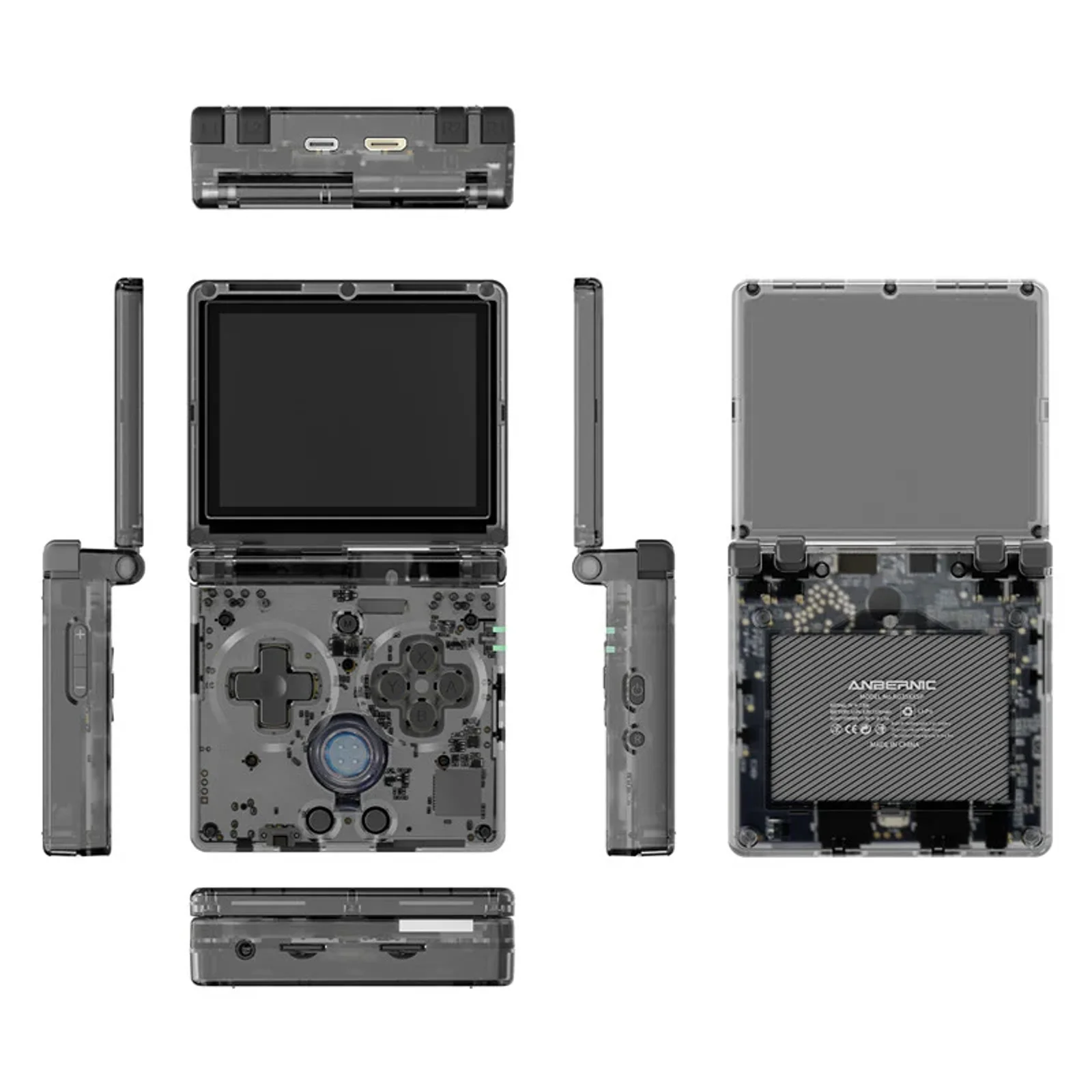 The Anbernic RG35XXSP in transparent black